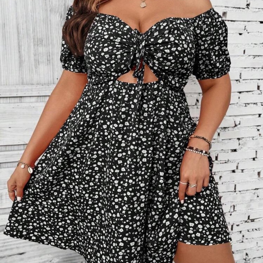 SHEIN Black and White Cut Out Tie Front Mini Dress